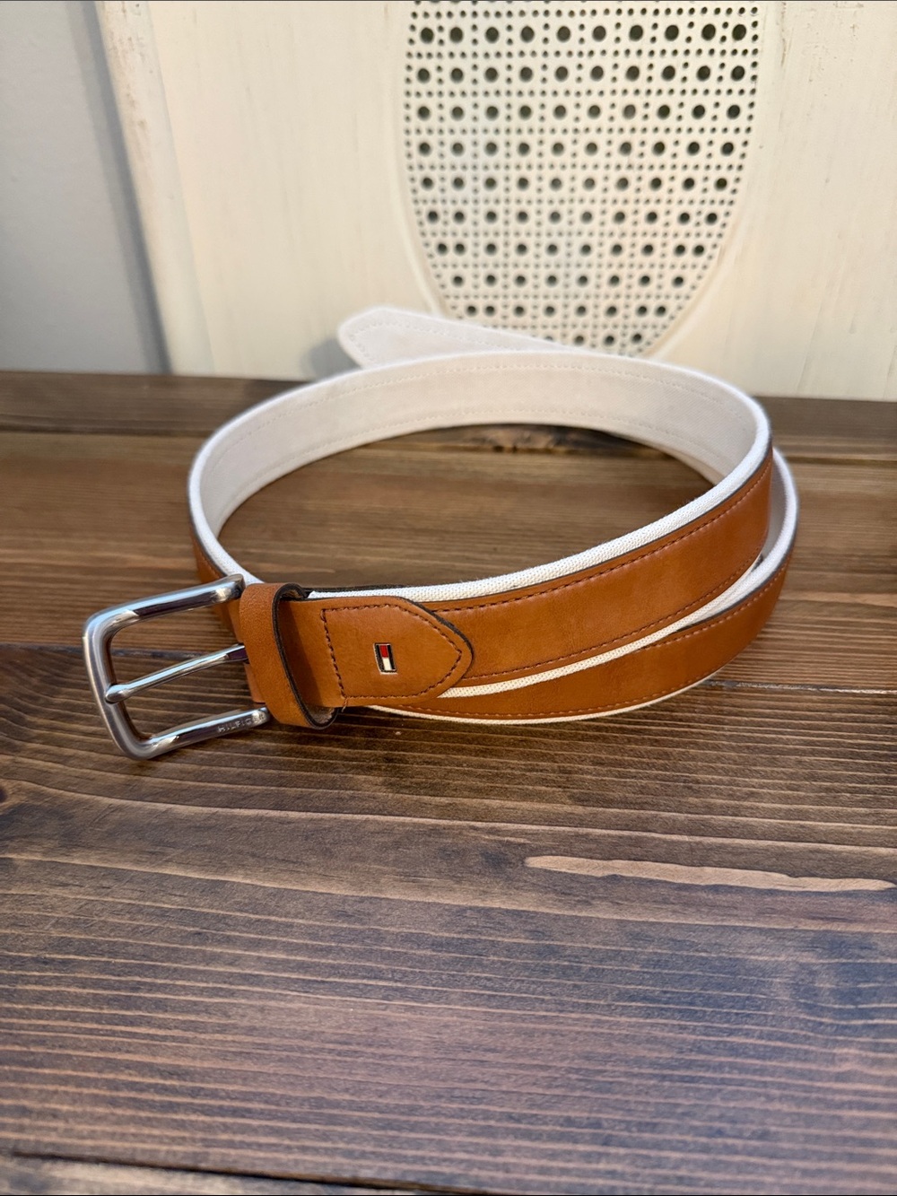 Tommy Hilfiger Tan Leather-Trim White Canvas Belt M